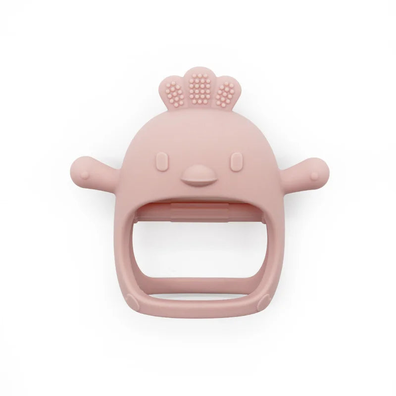 Cute pink silicone teether shaped like a cartoon chicken, featuring textured bumps on the comb and wings. Designed for easy gripping, suitable for babies to chew on.