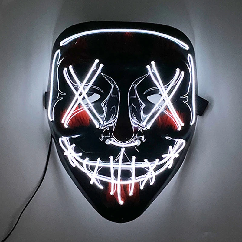 A black LED mask with glowing white and red neon lights in the shape of stitched eyes and mouth, creating a sinister expression.