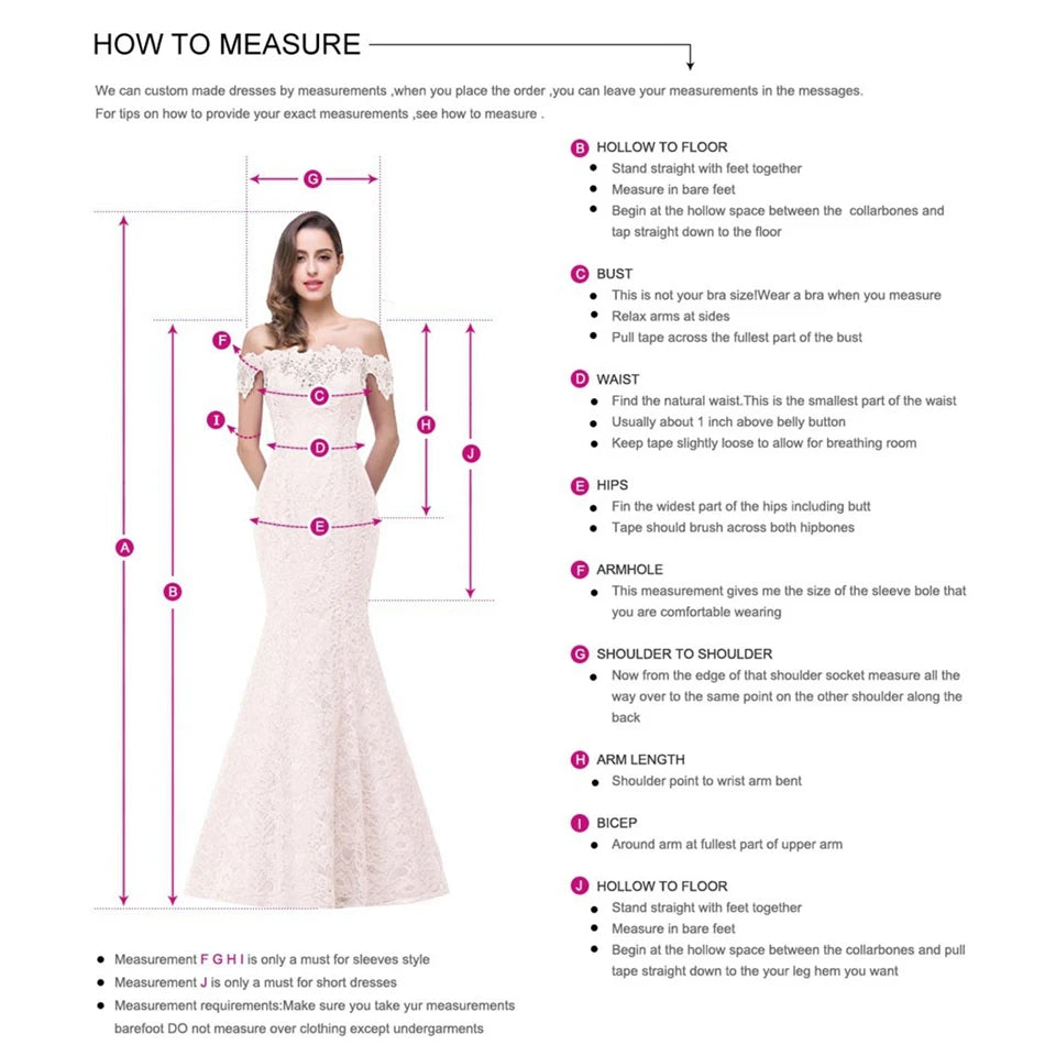 Illustration of how to measure for a custom-made dress, showing a woman in an off-shoulder gown. It includes measurement points: hollow to floor, bust, waist, hips, armhole, shoulder to shoulder, arm length, and bicep.