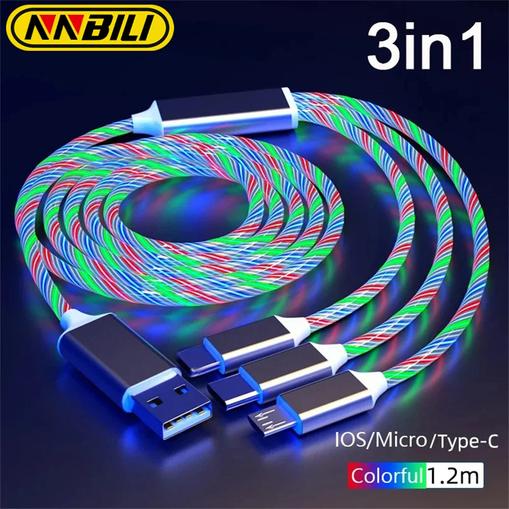 Colorful 3-in-1 charging cable with braided design, featuring USB and multiple connectors for iOS, Micro USB, and Type-C devices. Cable length is 1.2 meters.