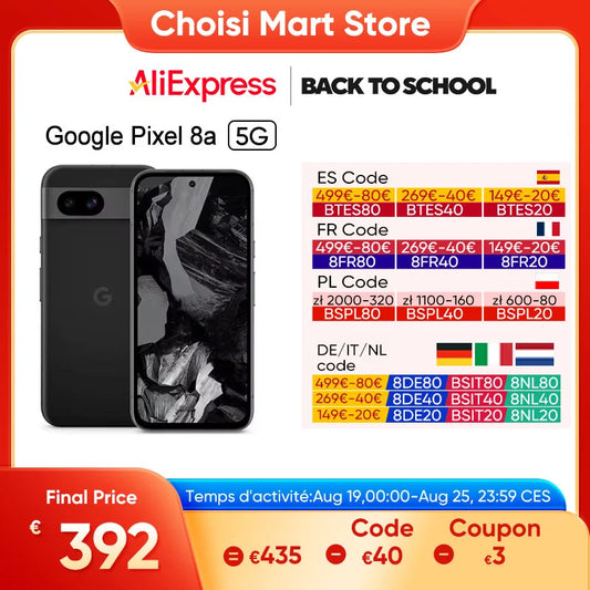 Promo image for Google Pixel 8a 5G at Choisi Mart Store on AliExpress. Back-to-school discounts with region-specific codes are shown. Final price is €392, valid August 19-25.