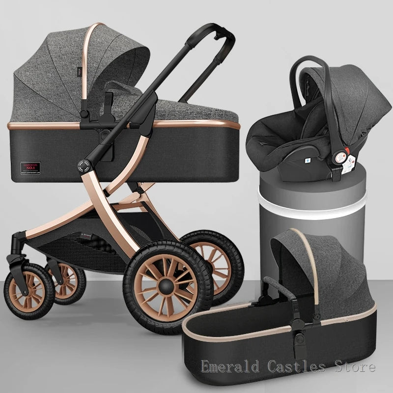 Gray and rose gold baby stroller set with large wheels, featuring a matching infant car seat and detachable bassinet against a neutral background.