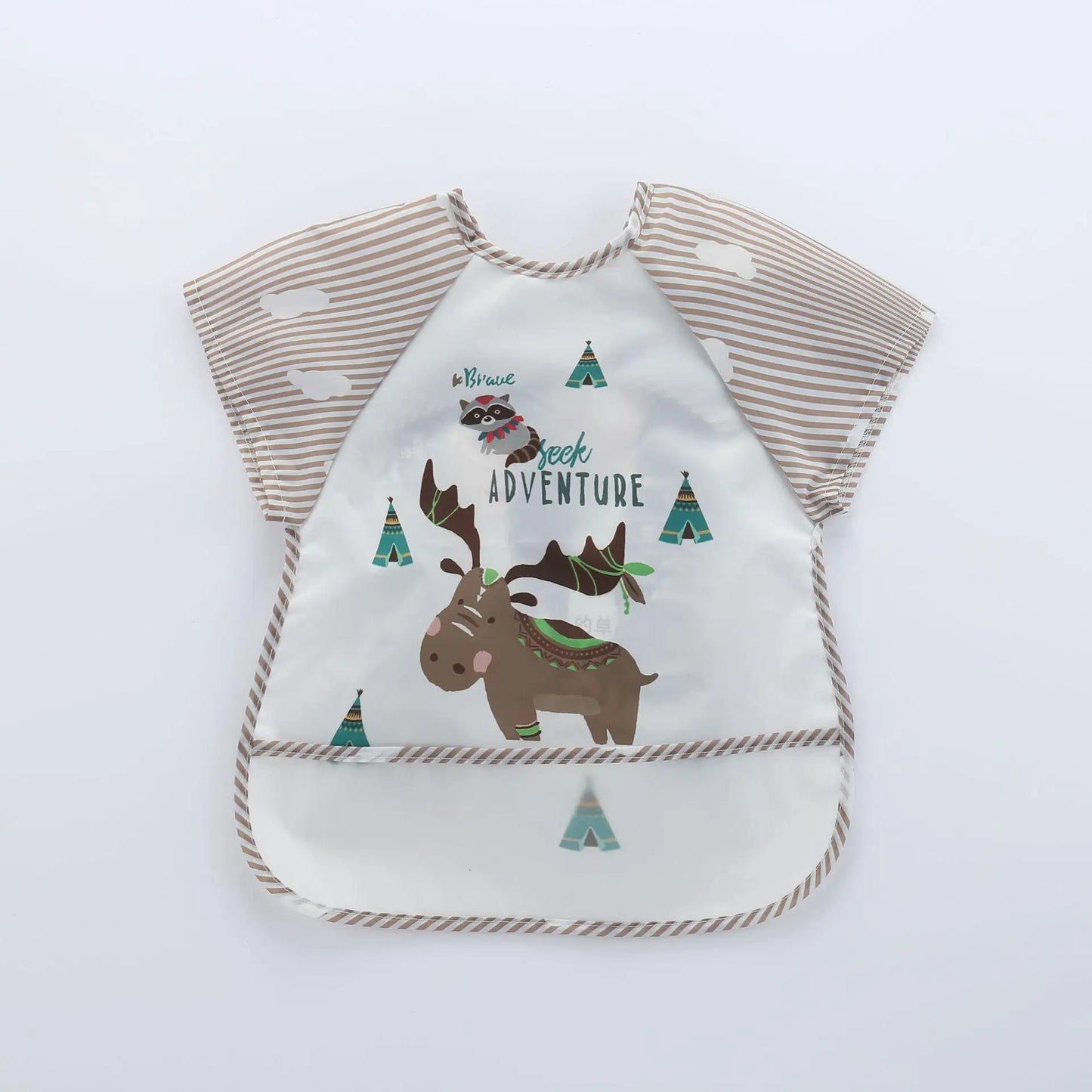 Children's bib featuring a cute moose with antlers and a raccoon, alongside the words "Seek Adventure." Striped sleeves and teepee designs add playful charm to the white fabric.
