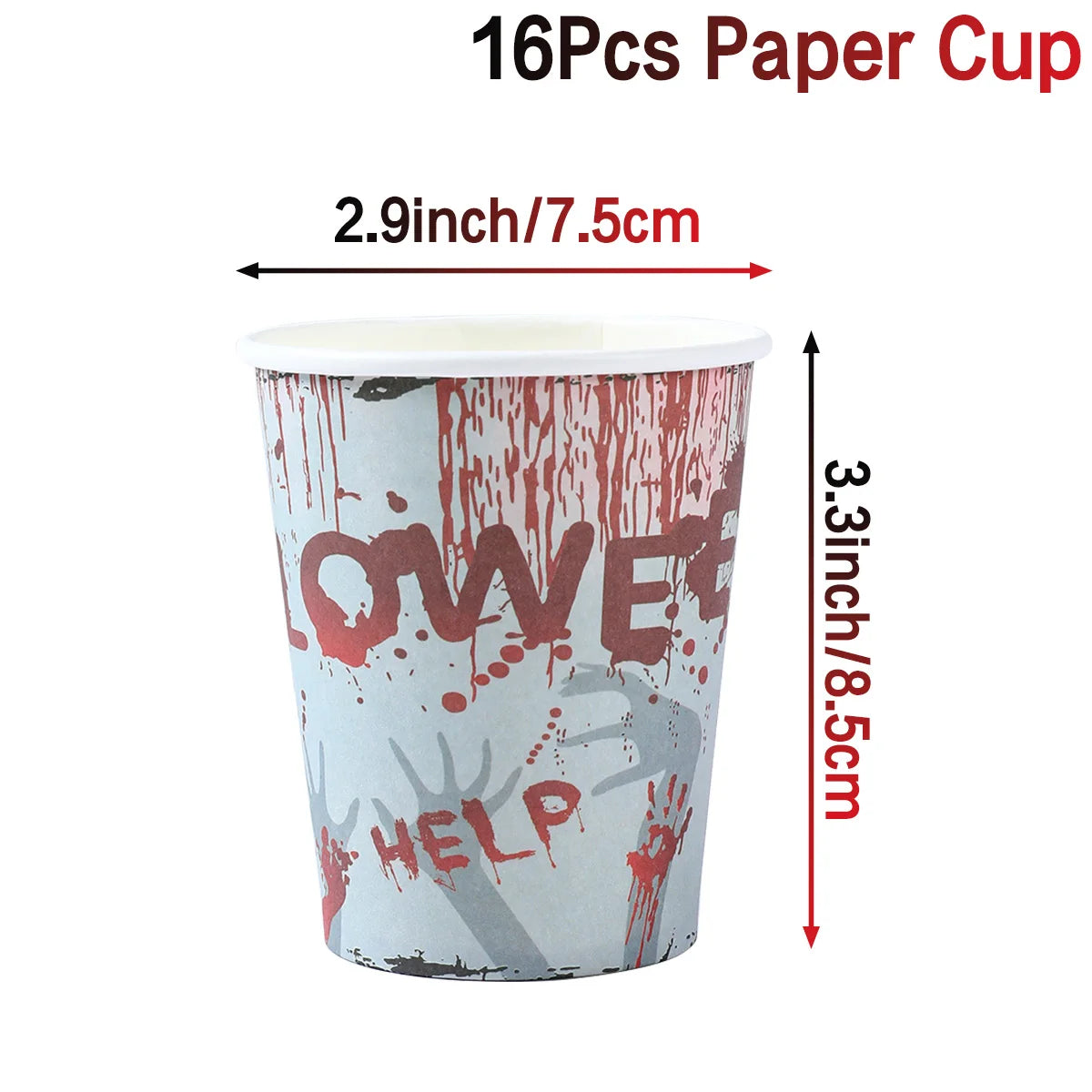 Halloween-themed paper cup with red blood-like splatters and "HELP" text. Dimensions are 2.9 inches wide and 3.3 inches tall. Set includes 16 cups.