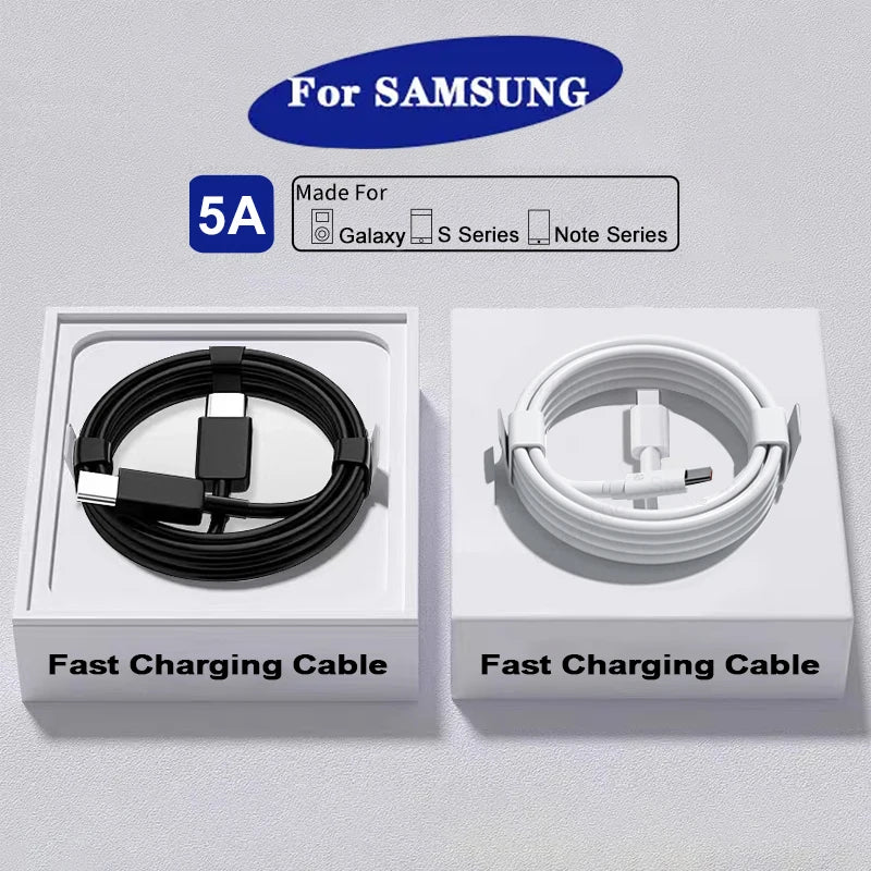 Two fast charging cables for Samsung devices, one black and one white, packaged in boxes labeled "Fast Charging Cable." Suitable for Galaxy, S Series, and Note Series.