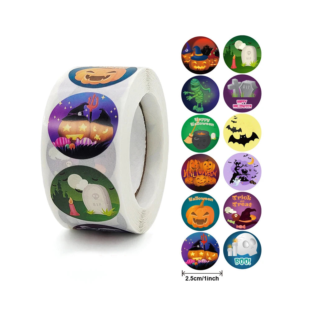 Roll of Halloween stickers, each 2.5cm, featuring designs like pumpkins, bats, witches’ cauldrons, tombstones, and "Happy Halloween" messages in vibrant colors.