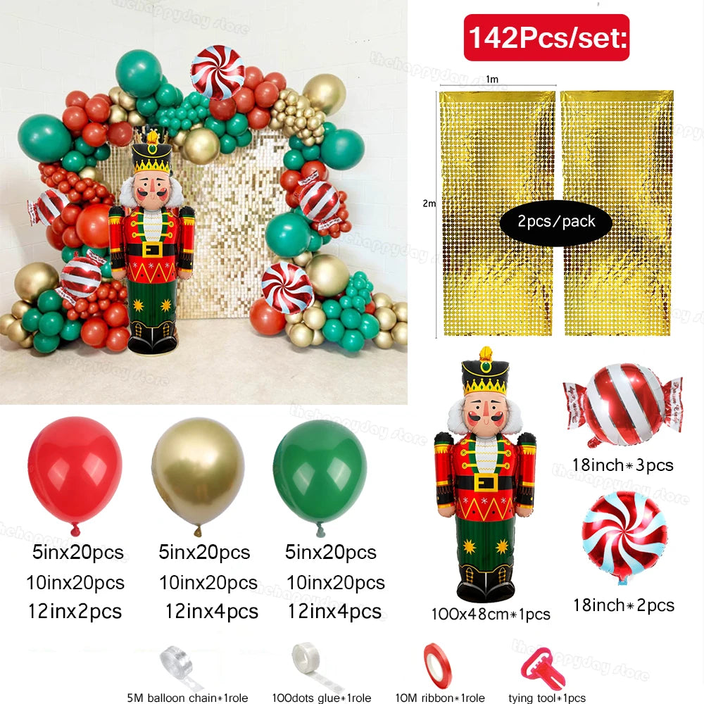 Balloon setup with red, green, and gold clusters, nutcracker figure, candy foil balloons, and gold fringe curtain. Includes balloons in various sizes and decorating tools.