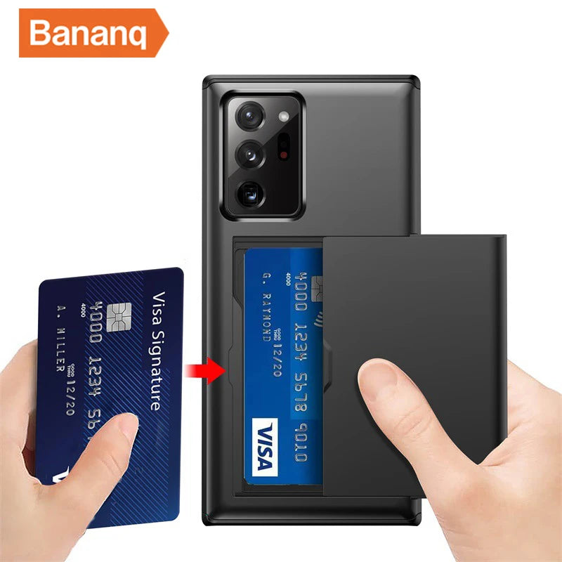 Black phone case with a cardholder slot, containing a blue Visa card being inserted. Person holding a Visa Signature card. "Banq" logo in the corner.