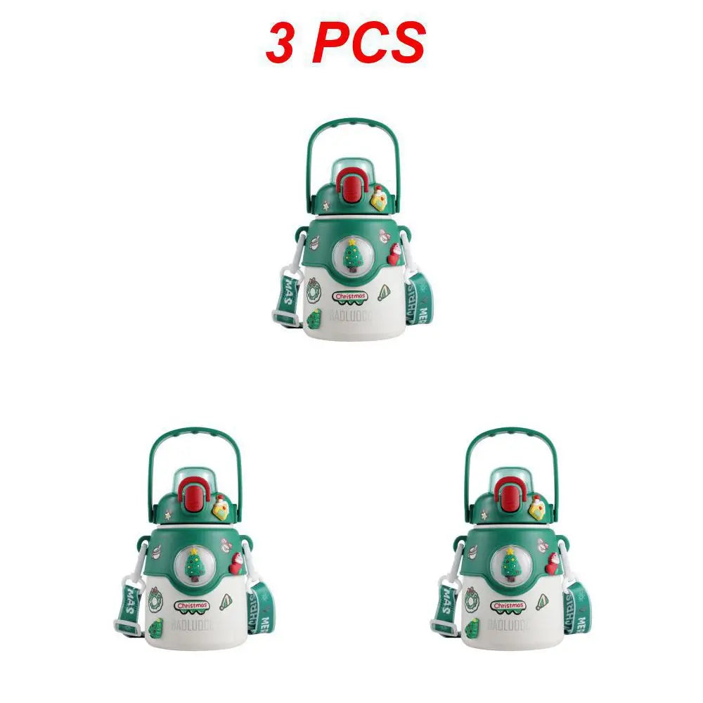 Three festive green and white thermos bottles with Christmas designs, featuring trees and ornaments. The text "3 PCS" in bold red is above them.