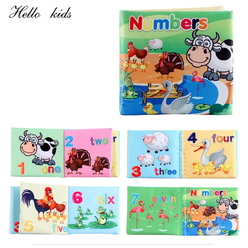 Children's illustrated numbers book featuring colorful pages with animals like cows, ducks, sheep, and flamingos, teaching numbers 1 to 7. Cover labeled "Numbers."