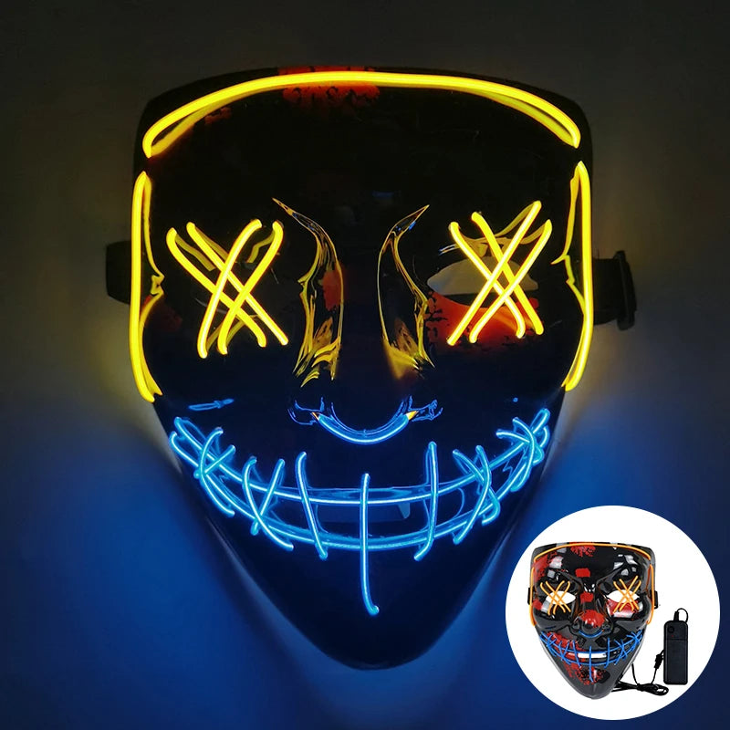 Glowing LED Halloween mask with yellow X eyes and a blue stitched smile, set against a dark background. Includes a small inset image of the mask with a battery pack.