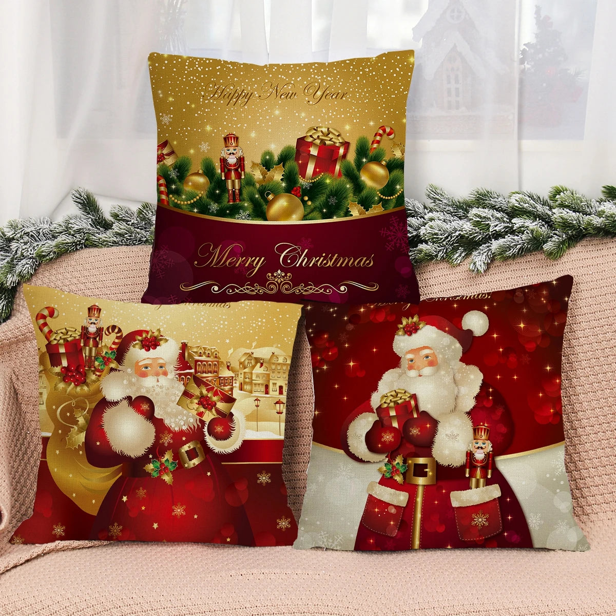 Three festive pillows on a couch, featuring Santa Claus, gifts, and nutcrackers with "Merry Christmas" and "Happy New Year" messages. Snowy window and pine decorations in the background.