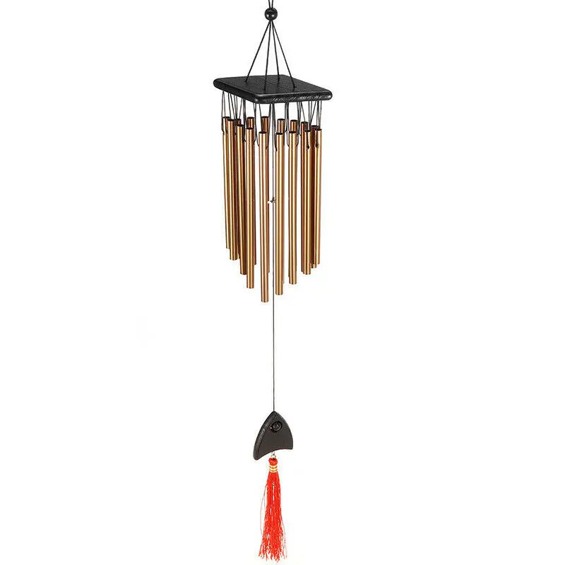 Gold wind chime with black top cap, featuring multiple tubes and a black clapper. A red tassel hangs from the bottom, adding a decorative touch.