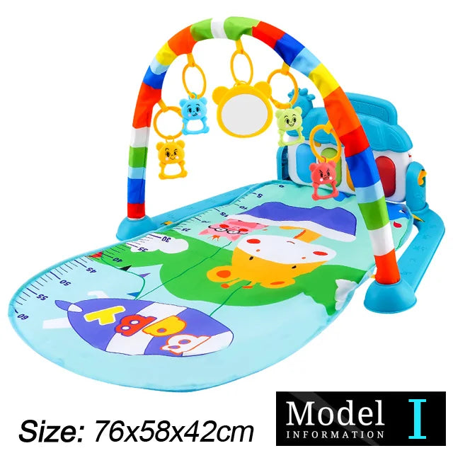Colorful baby play mat with a rainbow arch and hanging toys, including a mirror, teddy bears, and a vibrant design featuring animals. Dimensions: 76x58x42 cm.