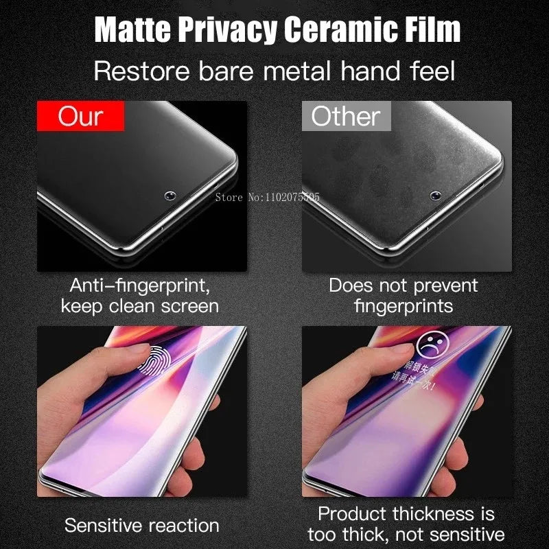 Comparison of matte privacy ceramic film showing benefits: anti-fingerprint, clean screen, and sensitive reaction versus other films that don't prevent fingerprints and have reduced sensitivity.