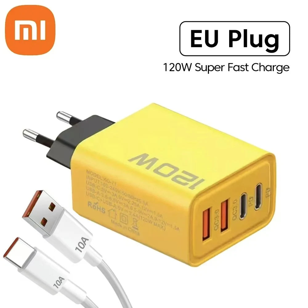 Yellow 120W EU plug charger with USB-A and USB-C ports, labeled “Super Fast Charge.” Includes a cable and features a brand logo.