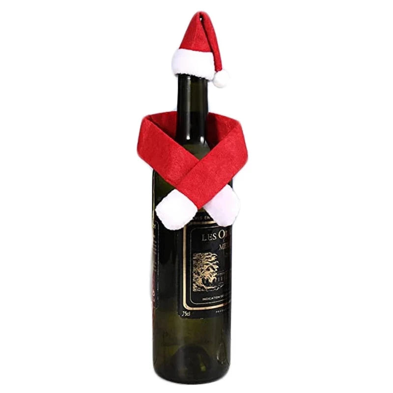 A wine bottle dressed with a festive red and white Santa hat and matching scarf, suggesting a holiday theme.