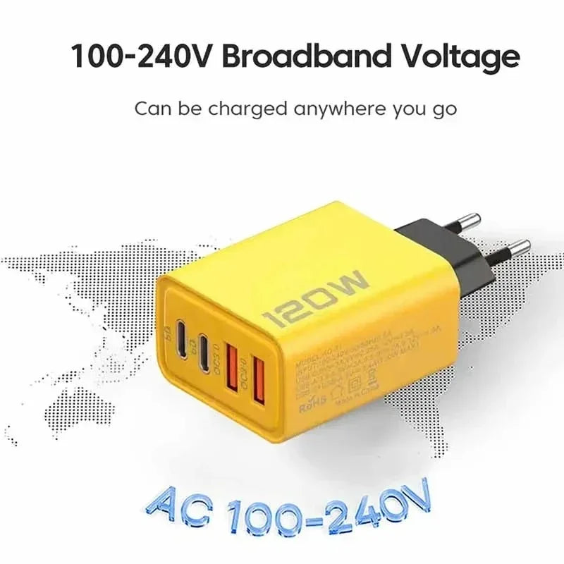 Yellow 120W travel adapter with USB ports, compatible with 100-240V. Text reads "Broadband Voltage" and "Can be charged anywhere you go" against a world map background.