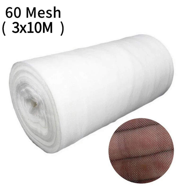 Roll of white netting labeled "60 Mesh (3x10M)" with a close-up inset showing fine mesh texture against a red background.