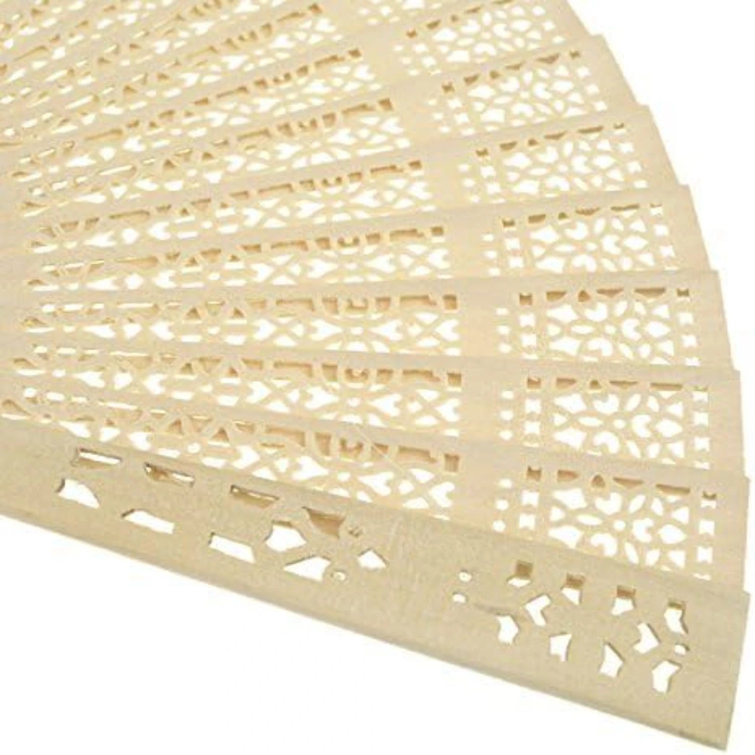 Intricately carved, beige folding fan with a detailed, symmetrical pattern, showcasing delicate cutouts on each unfolded section.