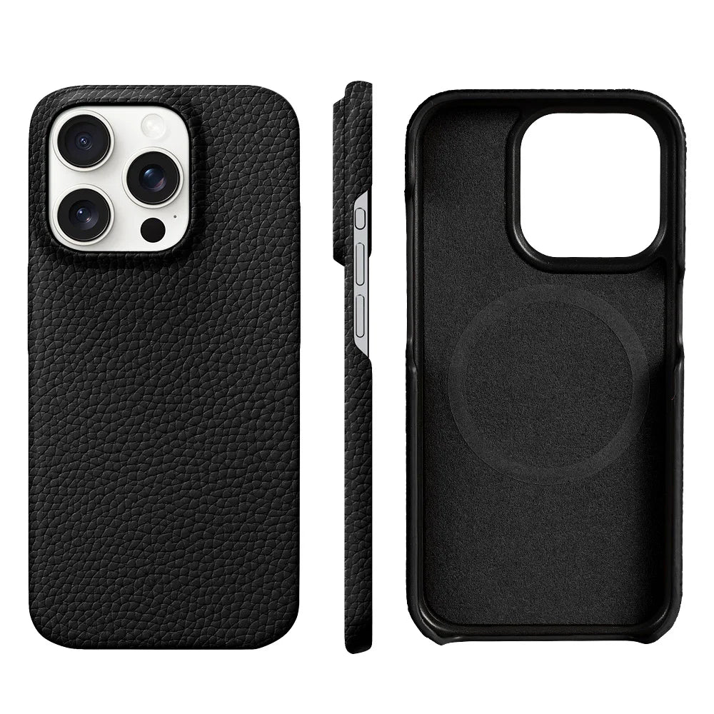 Black textured phone case shown front, side, and interior views. Features precise cutouts for camera and buttons, and a MagSafe ring inside for secure fitting.