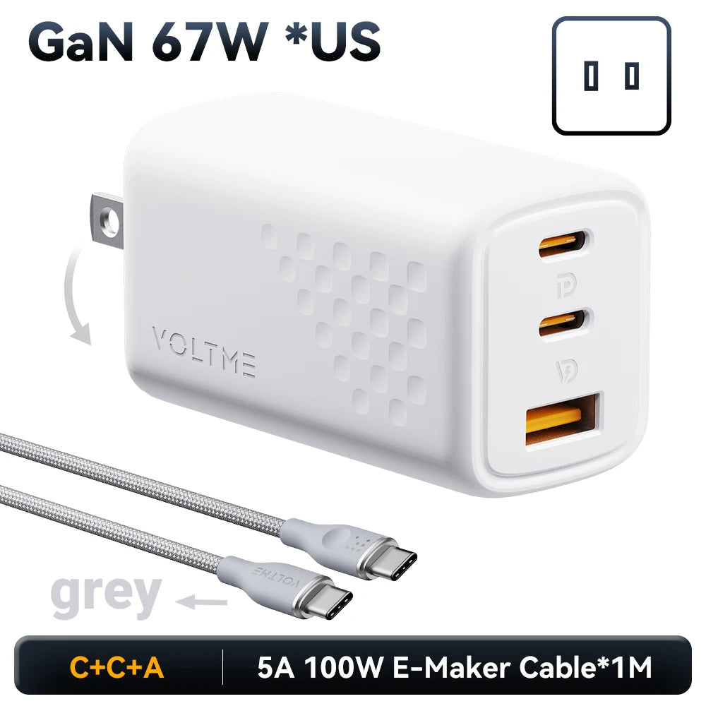 White VOLTME GaN 67W USB wall charger with foldable US plug and three ports (two USB-C, one USB-A), accompanied by a 1-meter grey USB-C to C cable rated 5A 100W.