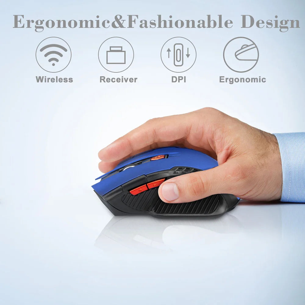 Hand using a blue ergonomic wireless mouse with orange buttons on a reflective surface. Text above highlights features: wireless, receiver, DPI, ergonomic design.