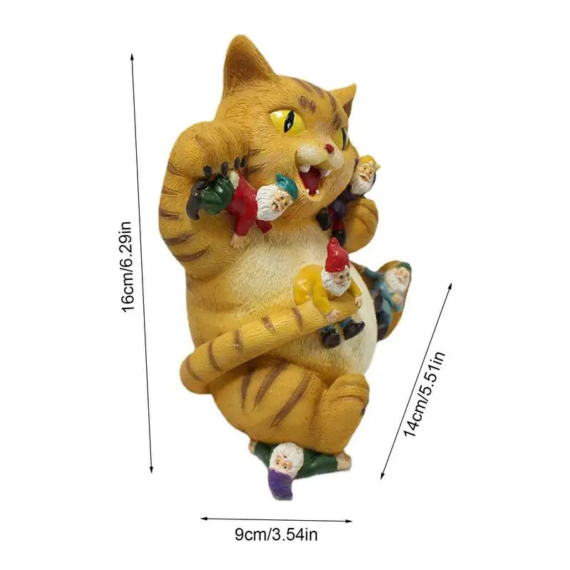A playful figurine of a chubby, smiling orange cat surrounded by and holding tiny elves. Measurements in centimeters and inches are shown, indicating the cat's size.