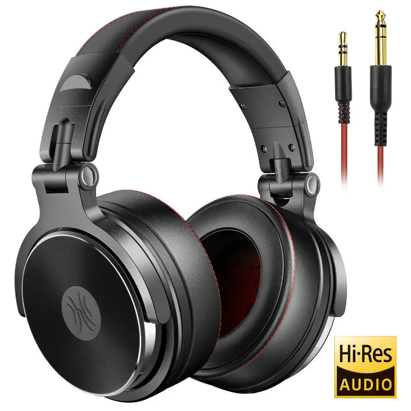 Black over-ear headphones with red stitching and detachable cables. Features foldable design and Hi-Res Audio capability. Includes two black and gold audio connectors.