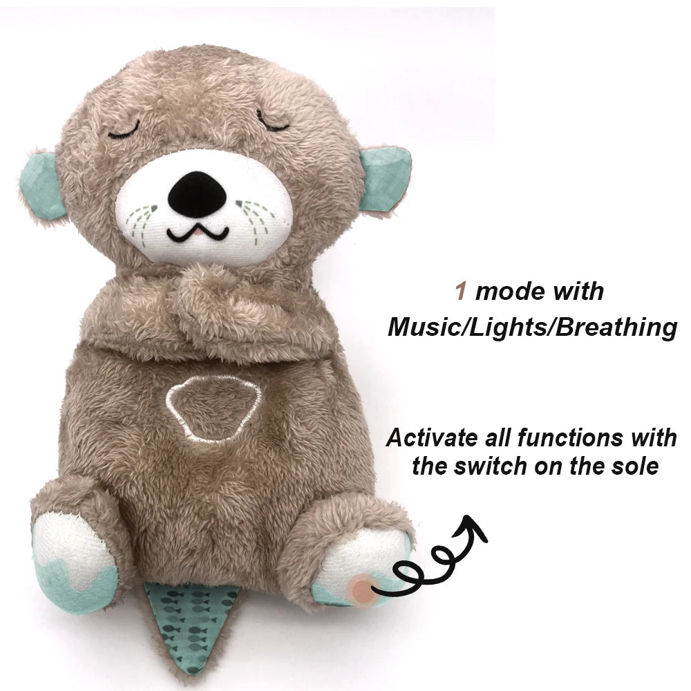 Plush toy otter with closed eyes and crossed arms, featuring music, lights, and breathing effects. Text reads "1 mode with Music/Lights/Breathing. Activate functions with switch on sole."