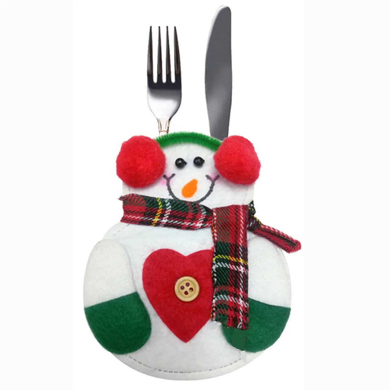 Festive cutlery holder shaped like a snowman with red earmuffs, a plaid scarf, a red heart, and a button. It holds a fork and knife, enhancing holiday table decor.