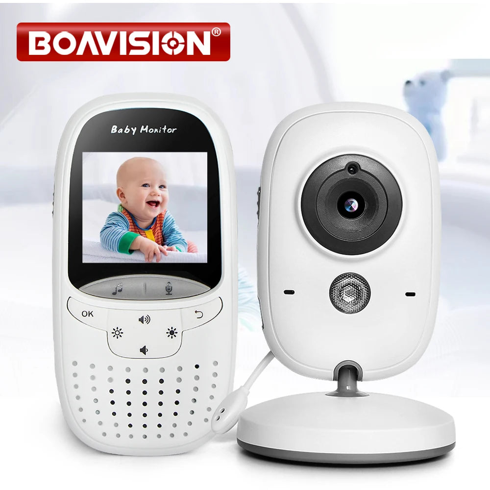 White baby monitor set with camera and screen; screen displays a smiling baby. Controls and speaker holes are visible. Brand logo "BOAVISION" at the top.