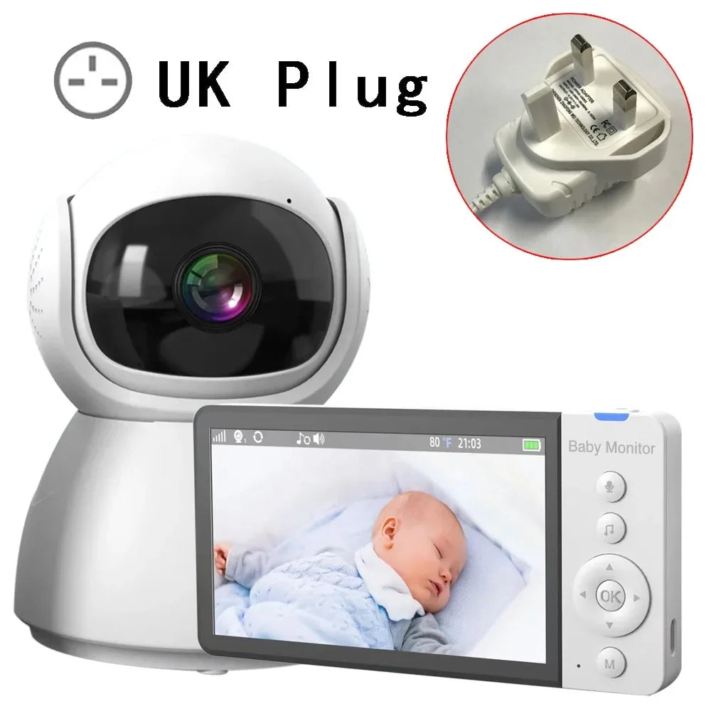 Baby monitor with a camera and a handheld display showing a sleeping baby. Includes a UK plug, indicating compatibility with UK outlets.