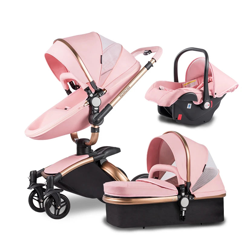 Pink baby stroller with gold accents, detachable bassinet, and car seat. The stroller features a canopy and adjustable handlebar. All parts are displayed separately.