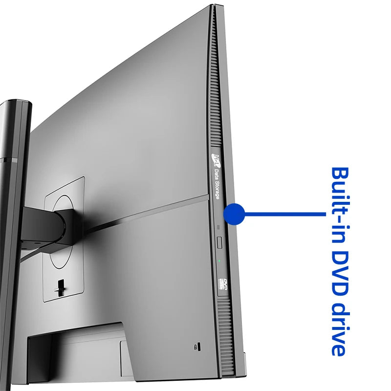 A close-up of a computer monitor featuring a built-in DVD drive on the side, with a label indicating "DVD Data Storage" and an arrow pointing to the drive.