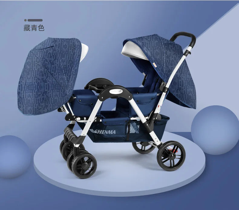 Double stroller in dark blue with a canopy and white frame, featuring four pairs of wheels. It is placed on a round platform with a gradient blue background and spherical accents.