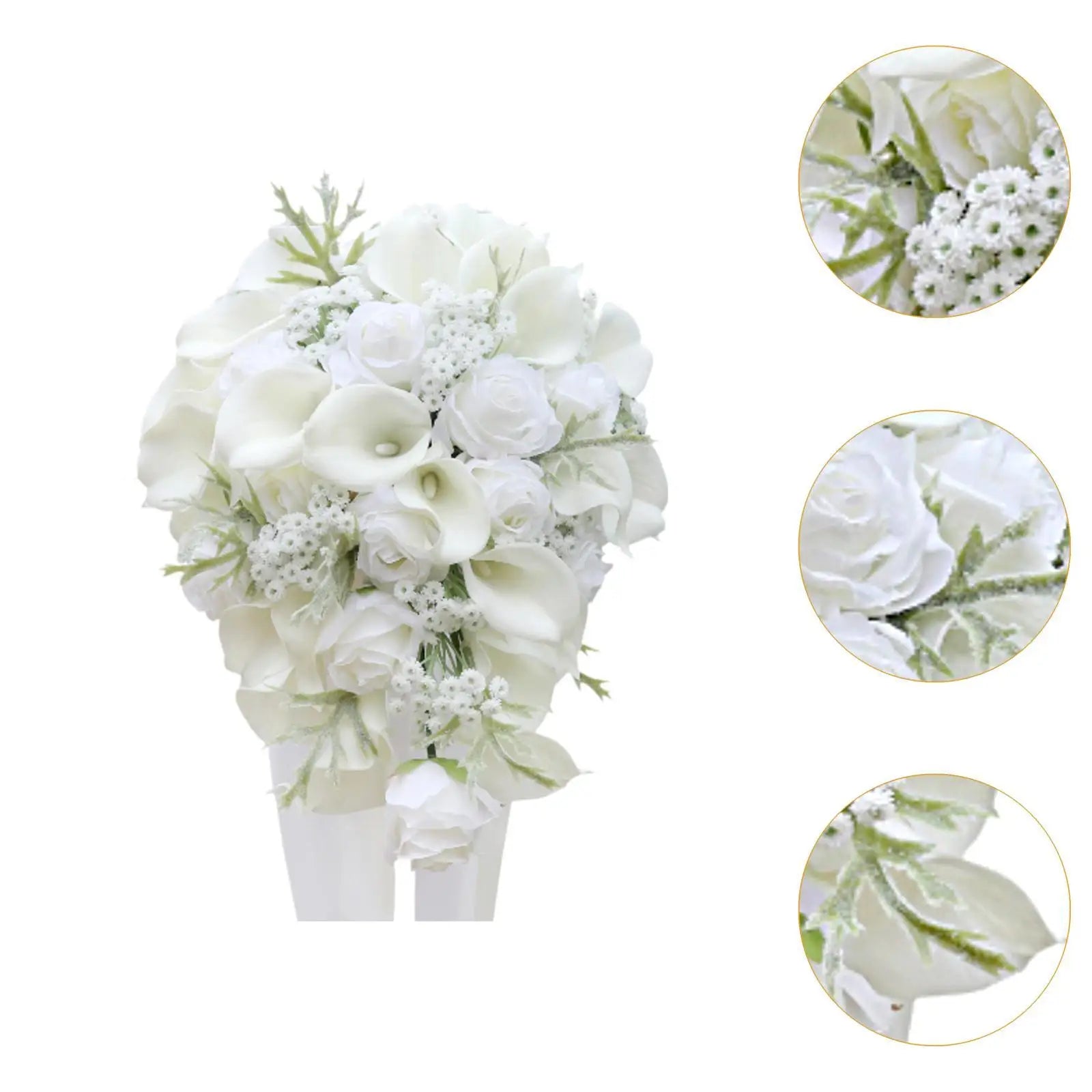 Elegant white bouquet featuring roses, calla lilies, and baby's breath, with leafy accents. Three close-up circles highlight details of the flowers and foliage.