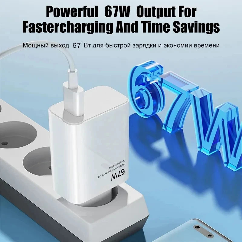 A white 67W charger plugged into a power strip, with 3D text highlighting its fast charging capability. Background text promotes time-saving benefits in English and Russian.