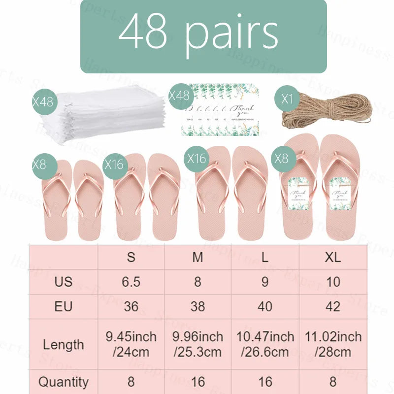 Set of 48 pink flip-flop pairs in sizes S to XL, with thank you tags, bags, and jute twine included. Display shows US/EU sizes, lengths, and quantities for each size.