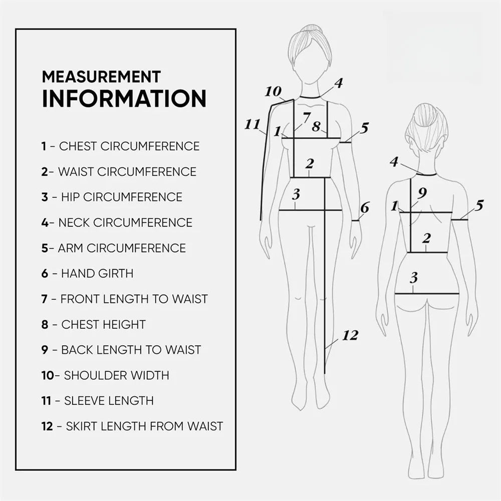 Diagram showing body measurement areas numbered 1-12, including chest, waist, hip circumferences, and more. Two female outlines indicate where to measure each part.