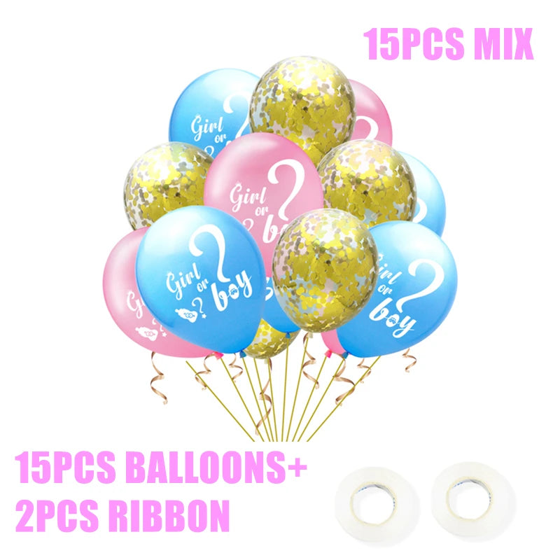 A bouquet of 15 balloons for a gender reveal party, featuring blue, pink, and gold designs with "Girl or Boy?" text. Includes two rolls of ribbon.
