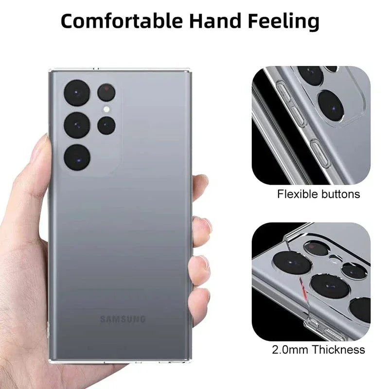 Clear phone case on a Samsung device, held in hand. Features flexible buttons and 2.0mm thickness, offering a comfortable hand feel.
