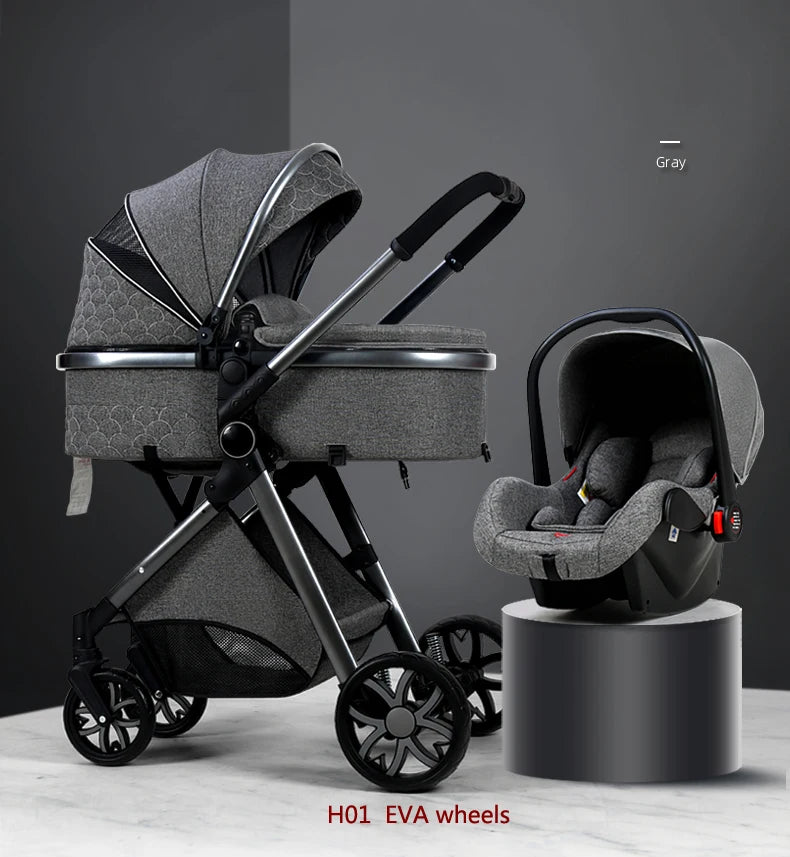Gray baby stroller with bassinet, featuring a quilted pattern and black EVA wheels, is displayed alongside a matching infant car seat on a pedestal.