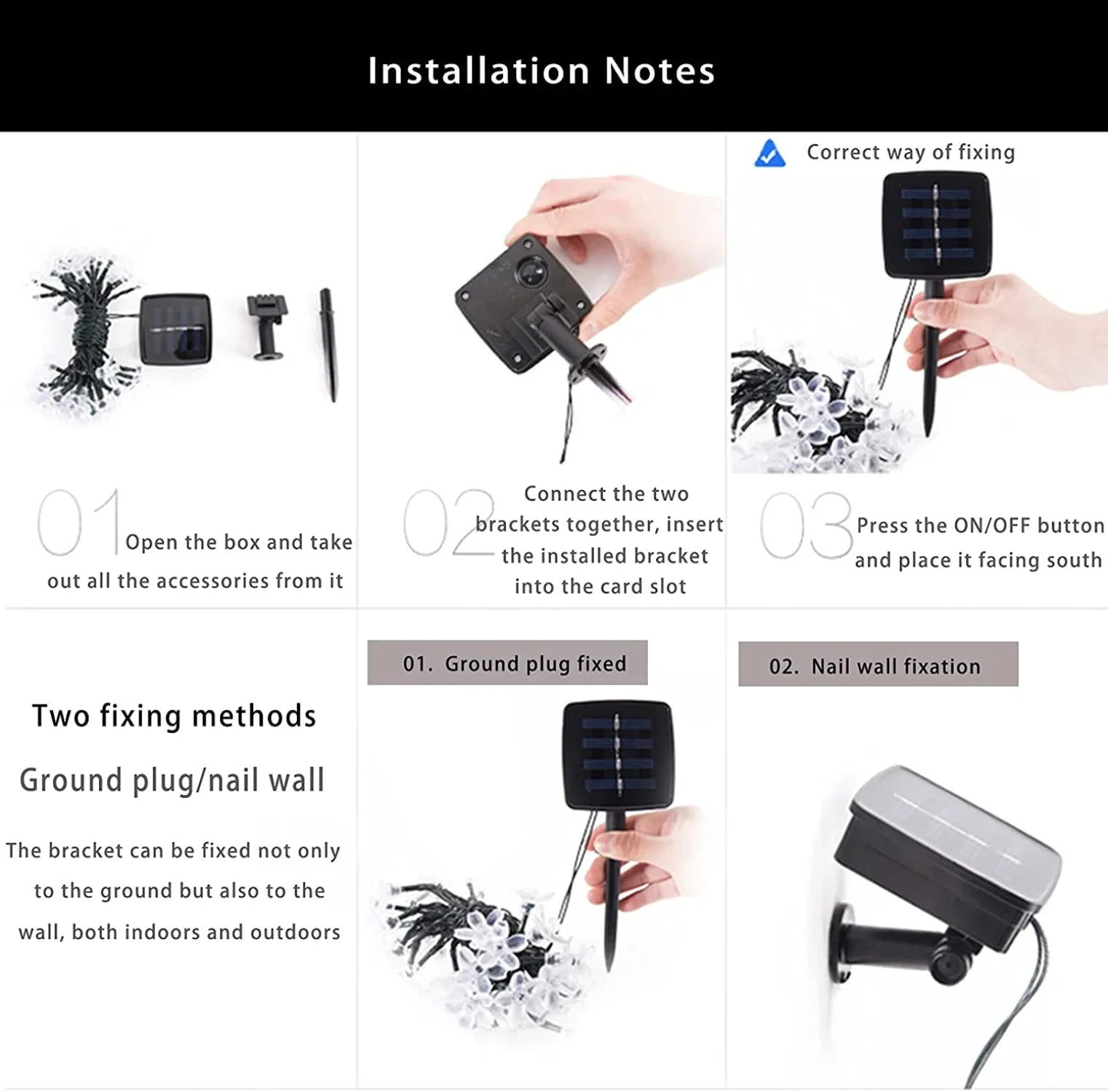 Installation guide for a solar light. Steps: 1. Unbox accessories. 2. Connect brackets and insert into card slot. 3. Press ON/OFF facing south. Fixing methods: ground plug or nail wall.