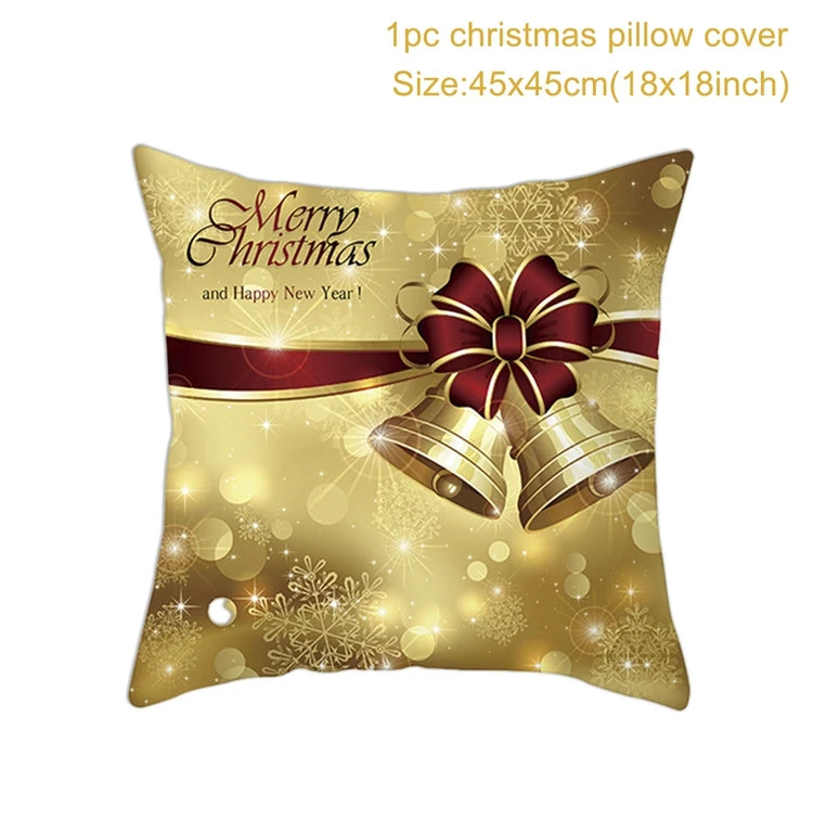 Festive pillow cover with gold bells and a red bow on a sparkling background. Text reads "Merry Christmas and Happy New Year." Size: 45x45cm (18x18 inches).