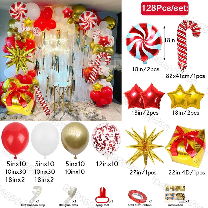 Festive birthday decor set with red, gold, and white balloons, candy cane and star-shaped inflatables, string lights, and decorative accessories. Includes dimensions and quantities.