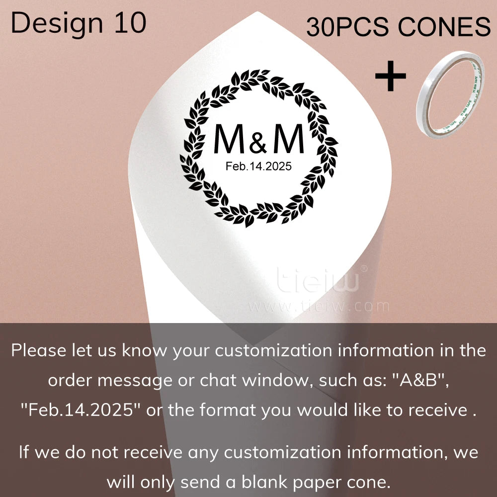 Wedding cones labeled "M&M Feb.14.2025" with a laurel wreath design. Includes 30 cones and tape. Note requests customization info, otherwise blank cones are sent.
