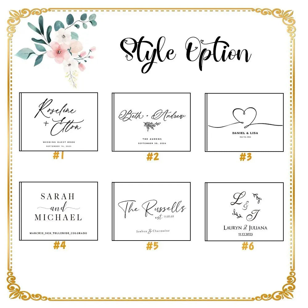 Wedding style options with six designs. Each features different fonts and layouts for names like Roseline & Alton (#1) and Lauryn & Juliana (#6), set within a decorative floral border.