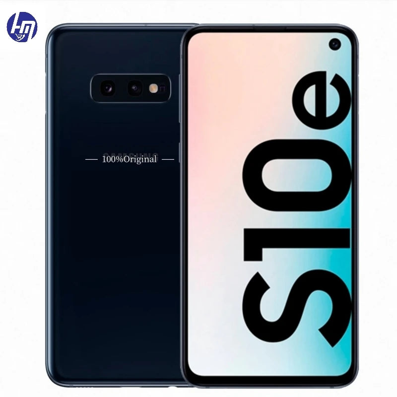 Front and back view of a smartphone labeled "S10e." The front displays a screen with minimal bezels and a hole-punch camera. The back features dual cameras and "100% Original" text.