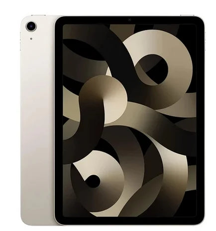 Modern tablet with a sleek silver back and a black screen displaying an abstract, swirling geometric design in shades of brown and black. The camera is visible on the upper left corner.